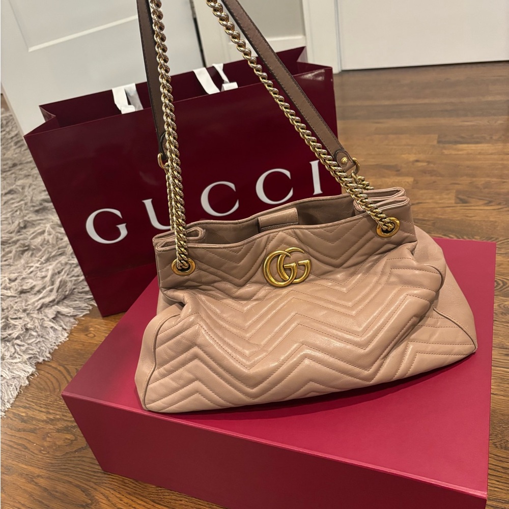 Gucci Taupe Quilted Handbag with Gold Accents